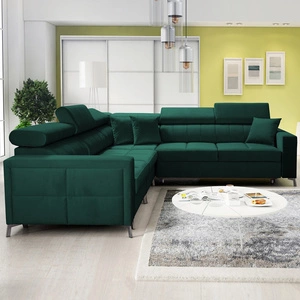 Narożnik z funkcją spania Nausa IV butelkowa zieleń lewostronny velvet dekoracyjne przeszycia narożnik z pojemnikami na pościel