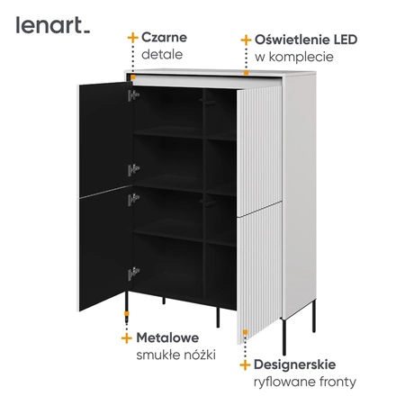 Komoda wysoka Trend 98 cm biała elegancka i stylowa komoda o wyjątkowym charakterze ryflowane fronty z oświetleniem LED