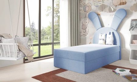 Łóżko kontynentalne Beti 100x200 błękitne wyjątkowe łóżko do pokoju dziecięcego uroczy wysoki zagłówek w kształcie króliczka