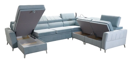 Narożnik z funkcją spania Rava VII jasny beż lewostronny praktyczny i nowoczesny narożnik do salonu z regulowanymi zagłówkami