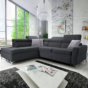 Narożnik z funkcją spania Rava III grafitowy lewostronny velvet komfortowy narożnik z regulowanymi zagłówkami i pojemnikiem na pościel