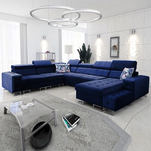 Narożnik z funkcją spania Hampton VIII granatowy prawostronny nowoczesny design narożnik rozkładany do salonu funkcjonalna dostawka