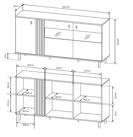 Komoda z witryną Merano 165 cm dąb artisan / antracyt nowoczesny design obrzeża wykończone specjalną okleiną elementy z bezpiecznego szkła