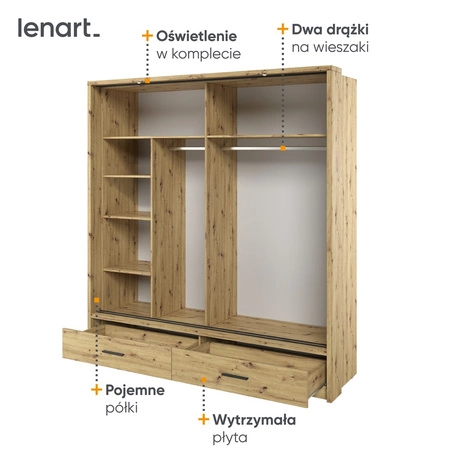 Szafa przesuwna z lustrem Arti 200 cm dąb artisan estetycznie wykonana szafa do sypialni wzbogacona oświetleniem LED pojemne szuflady