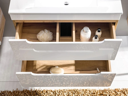 Zestaw mebli łazienkowych Aruba dąb craft złoty / biały połysk stylowe meble do łazienki o zaoblonym kształcie frezowane uchwyty