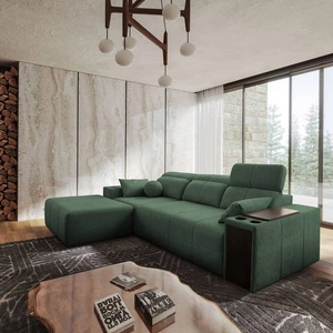 Narożnik z funkcją spania Tesalia miętowy lewostronny nowoczesny design komfortowe przesuwane oparcie szuflada w boczku mebla