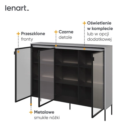 Komoda Trend 150 cm szara designerski przeszklony front klimatyczne oświetlenie w postaci paska led pod górnym blatem