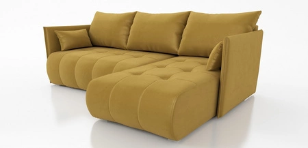 Narożnik z funkcją spania Selva musztardowy uniwersalny narożnik z pojemnikiem na pościel wykonany z komfortowej tkaniny typu plusz