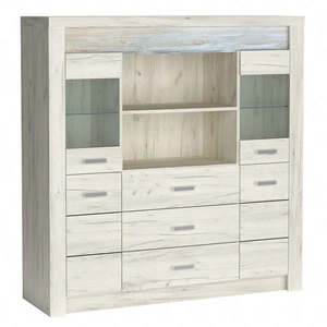 Komoda z szufladami Indiana 137 cm kraft biały gustowna stylistyka komody z przeszkleniem ozdobna deska na froncie komody oświetlona LED