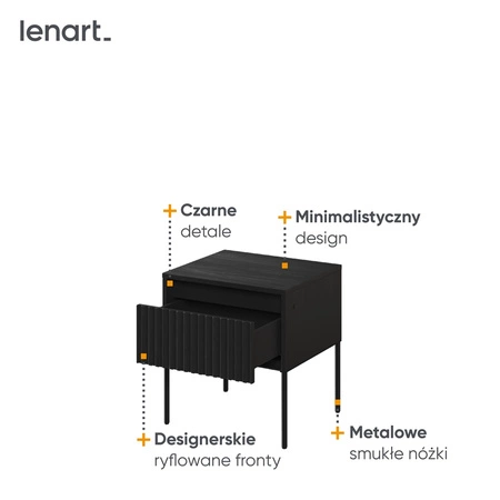 Szafka nocna Trend czarna elegancka szafka z szufladą do sypialni dyskretne oświetlenie LED oraz gustowny ryflowany front