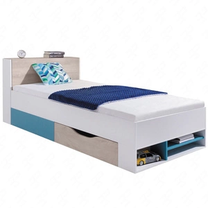 Łóżko z szufladą Niko 90x200 cm białe / dąb / morski nowoczesny design łóżka wysuwane półki w zagłówku