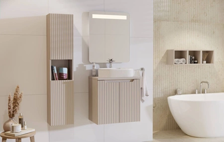 Szafka pod umywalkę Nova 60 cm beżowa designerska szafka do łazienki z półką nietuzinkowe pionowe ryflowanie na frontach