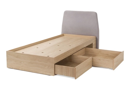 Łóżko z szufladami Olivio 90x200 cm dąb baltic dune idealne do pokoju dziecka z tapicerowanym zagłówkiem i szufladami