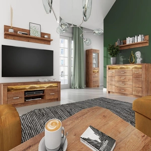 Zestaw mebli do salonu Indiana jesion jasny gustowna stylistyka mebli ozdobna deska na froncie oświetlona LED elementy z bezpiecznego szkła