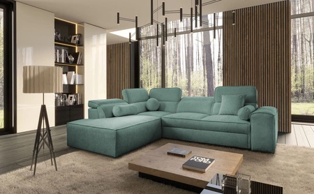 Narożnik z funkcją spania Viano VII patynowy lewostronny modny i stylowy narożnik z regulowanymi zagłówkami ozdobne poduszki