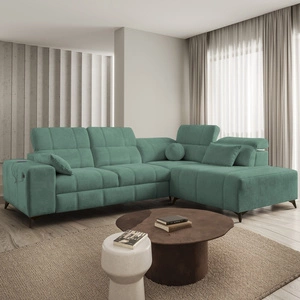 Narożnik z funkcją spania Penejos VII zielony prawostronny stylowy narożnik z pojemnikiem na pościel wygodne regulowane zagłówki