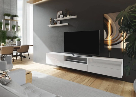 Szafka RTV wisząca Lutra 258 cm biała / biały połysk z półkami stylowy design szafki pod telewizor z frontami na wysoki połysk