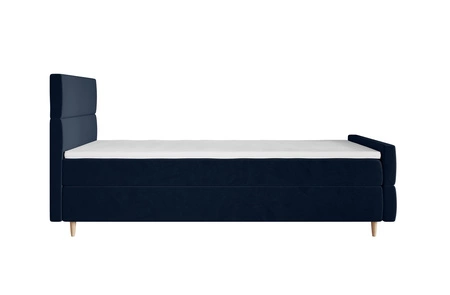 Łóżko kontynentalne Benet 100x200 granatowe w nowoczesnym skandynawskim stylu z tapicerowanym zagłówkiem oraz zanóżkiem łóżko z pojemnikiem