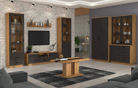 Kredens Style 100 cm dąb artisan / szary grafit klasyczny design bezpieczne szkło hartowane stylowe frezowane fronty metalowe uchwyty