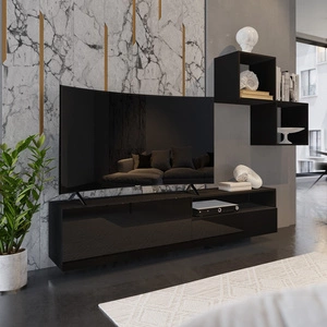 Meblościanka Mesini czarna / czarny połysk nowoczesna meblościanka do salonu praktyczny system otwierania szuflad push to open