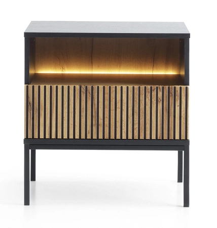 Szafka nocna z szufladą Amma czarny / dąb wotan gustowny ryflowany dekor oświetlenie LED idealna szafka do sypialni