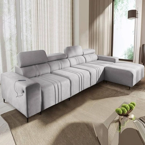 Narożnik z funkcją spania Castel XII szary popiel prawostronny stylowy i wygodny narożnik do salonu funkcjonalne regulowane zagłówki