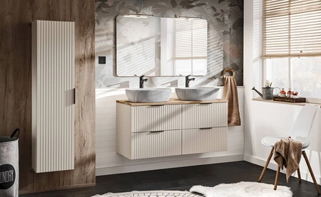 Słupek łazienkowy wiszący Adeel 35 cm beżowy szafka odporna na działanie wilgoci i wysokiej temperatury gustowne ryflowane fronty