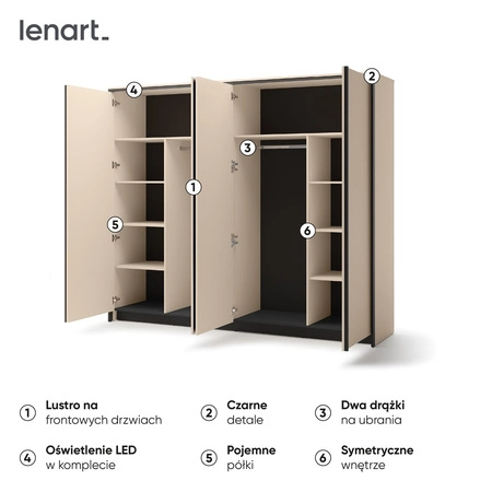 Szafa z lustrem Enna 250 cm beżowy / czarny elegancki design idealna szafa do sypialni lub garderoby klimatyczne oświetlenie LED