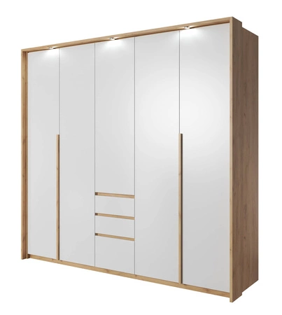 Szafa Novi 229 cm dąb craft złoty / biały funkcjonalny mebel klasyczna forma idealna szafa do sypialni lub garderoby oświetlenie LED