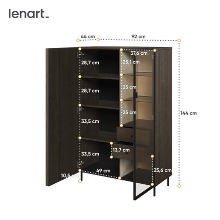 Zestaw mebli Piemonte jesion portland / czarny elegancka meblościanka do salonu gustowne lamele na frontach mebli metalowa podstawa
