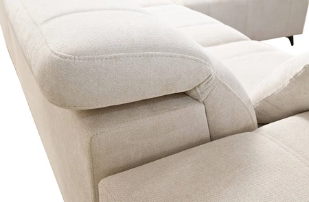 Narożnik z funkcją spania Penejos VII beżowy prawostronny stylowy narożnik z pojemnikiem na pościel wygodne regulowane zagłówki