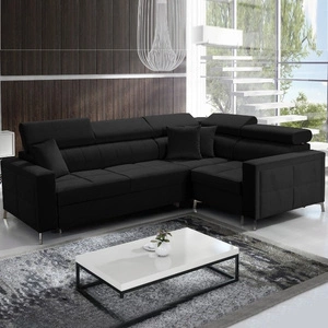 Narożnik z funkcją spania Nausa II czarny prawostronny velvet dekoracyjne przeszycia na siedzisku narożnik z pojemnikiem na pościel