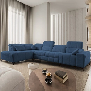 Narożnik z funkcją spania Penejos XI niebieski lewostronny wygodny narożnik z regulowanymi zagłówkami i dwoma pojemnikami na pościel