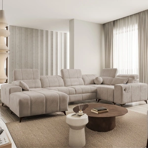 Narożnik z funkcją spania Penejos IV ciemny beżowy lewostronny stylowy narożnik rozkładany z dwoma pojemnikami na pościel trwała tkanina