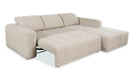 Narożnik z funkcją spania Cetara brązowy prawostronny stylowy design komfortowe przesuwane oparcia regulowane zagłówki