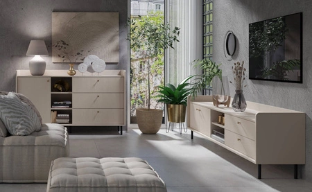 Szafka RTV Ferdi 210 cm beż piaskowy minimalistyczny design szafki z szufladami eleganckie złote uchwyty i wysokie ranty blatu