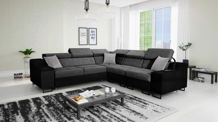 Narożnik z funkcją spania Alcamo III szary / czarny prawostronny funkcjonalny narożnik z szufladą w boczku dwa pojemniki na pościel