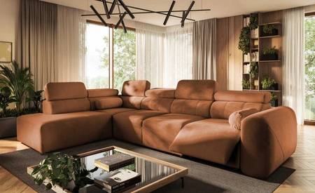 Narożnik z funkcją spania Cantare XI Lux ceglasty lewostronny komfortowy narożnik do salonu z podnoszonym podnóżkiem miękka tkanina