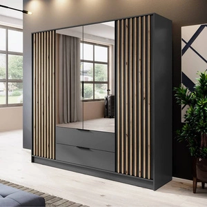 Szafa z lustrem Aspen 206 cm grafitowa / lamele w kolorze dąb artisan nowoczesny design mebla drzwi szafy ozdobione lamelami