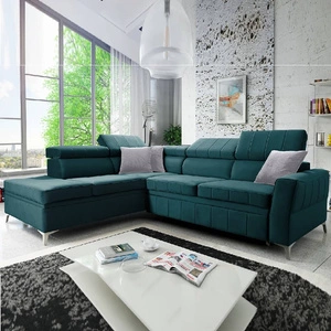 Narożnik z funkcją spania Rava III lazurowy lewostronny velvet komfortowy narożnik z regulowanymi zagłówkami i pojemnikiem na pościel