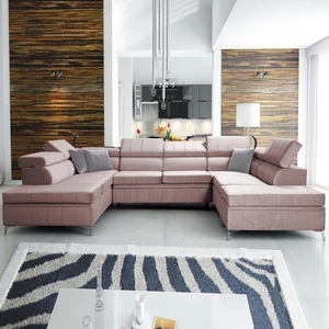 Narożnik z funkcją spania Rava VIII lawendowy róż lewostronny elegancki design gustowna bryła z gwarancją komfortu miękka tkanina