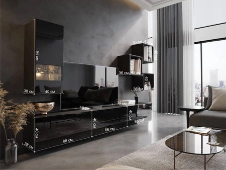 Meblościanka Peritia czarna / czarny połysk minimalistyczny design meblościanka do salonu lub pokoju dziennego system push to open