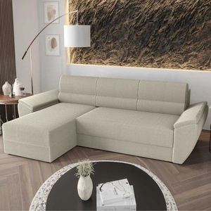 Narożnik z funkcją spania Fogu II kość słoniowa lewostronny stylowy narożnik z komfortowymi podłokietnikami i pojemnikiem na pościel
