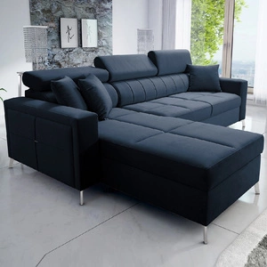 Narożnik z funkcją spania Nausa granatowy lewostronny velvet stylowy komfortowy narożnik regulowane zagłówki pojemnik na pościel