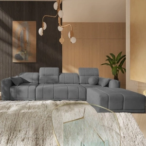 Narożnik z funkcją spania Cetara XII szary prawostronny stylowy design komfortowe przesuwane oparcia dwa pojemniki na pościel