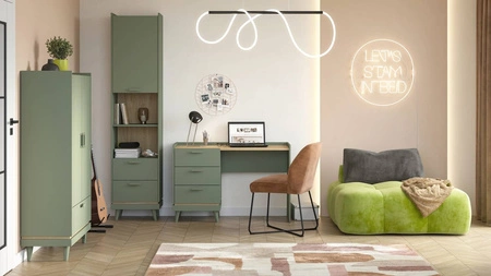 Zestaw mebli Scandia zielony / dąb olejowany nowoczesny design meble na wysokich nogach do pokoju nastolatka czy biura pojemne szuflady
