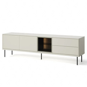 Szafka RTV Epiro 194 cm beżowy / dąb ciemny elegancki design szafki z przeszklonym frontem osadzona na metalowych wysokich nogach