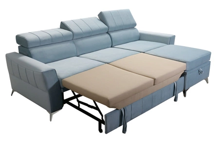 Narożnik z funkcją spania Rava lazurowy prawostronny velvet komfortowy i funkcjonalny narożnik z regulowanymi zagłówkami