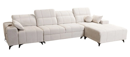 Narożnik z funkcją spania Penejos XII zielony prawostronny stylowy narożnik z pojemnikami na pościel komfortowe regulowane zagłówki