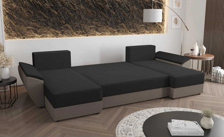 Narożnik z funkcją spania Fogu U II niebieski wygodny narożnik z komfortowymi podłokietnikami ciekawy design pojemnik na pościel